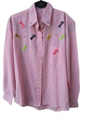 OXFORD Flip Flop Embroidered Applique Rhinestone Shirt Top NWT
